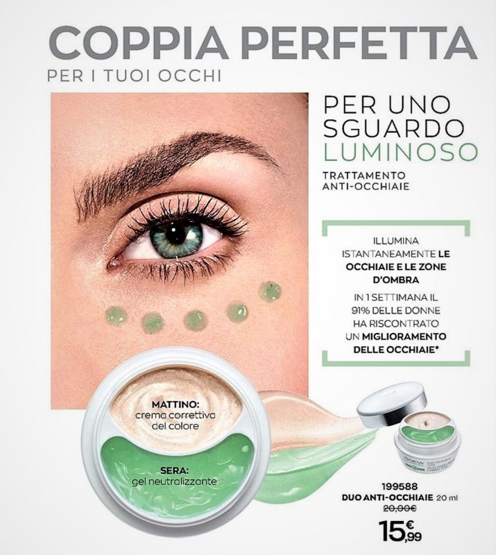 Antiocchiaie e illuminante! Prova il Duo gel/crema anti-occhiaie Anew per illuminare istantaneamente le occhiaie e le zone d'ombra, grazie alla formula doppia con crema colorata correttiva e gel verde ad azione neutralizzante.